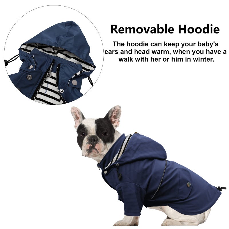Morezi Dog Zip Up Raincoat with Reflective Buttons, Rain/Water Resistant, Adjustable Drawstring, Removable Hood, Raincoats with Legs 8lbs to 80lbs Available - Dark Blue - L - Image 4
